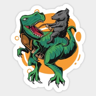 Opossum Riding a T-Rex Dinosaur // Funny Possum Dino Cartoon Sticker